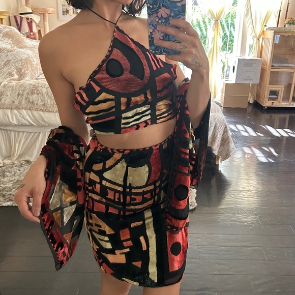Luca Luca Silk 3-Piece Set Halter Top Skirt Scarf Abstract Print Italy